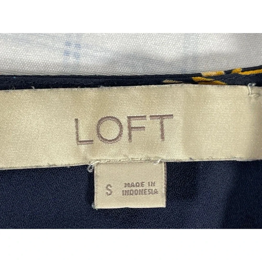 LOFT Womens Small Floral Blouse Navy Blue Long Puff Sleeve Pleated Shoulder S